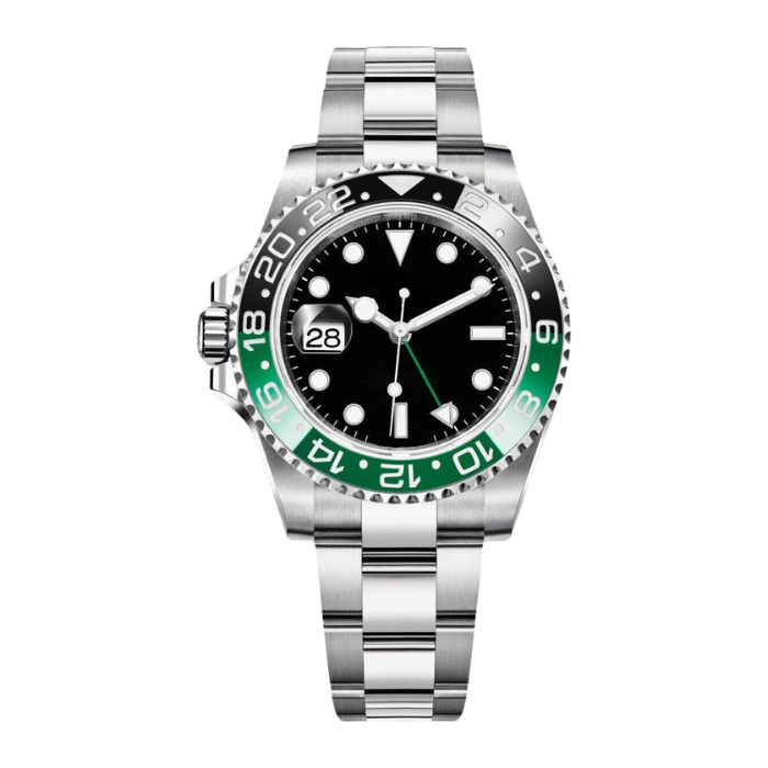 Dual Time 40 — Black Dial · Steel Bracelet & Green-Black Ceramic Bezel