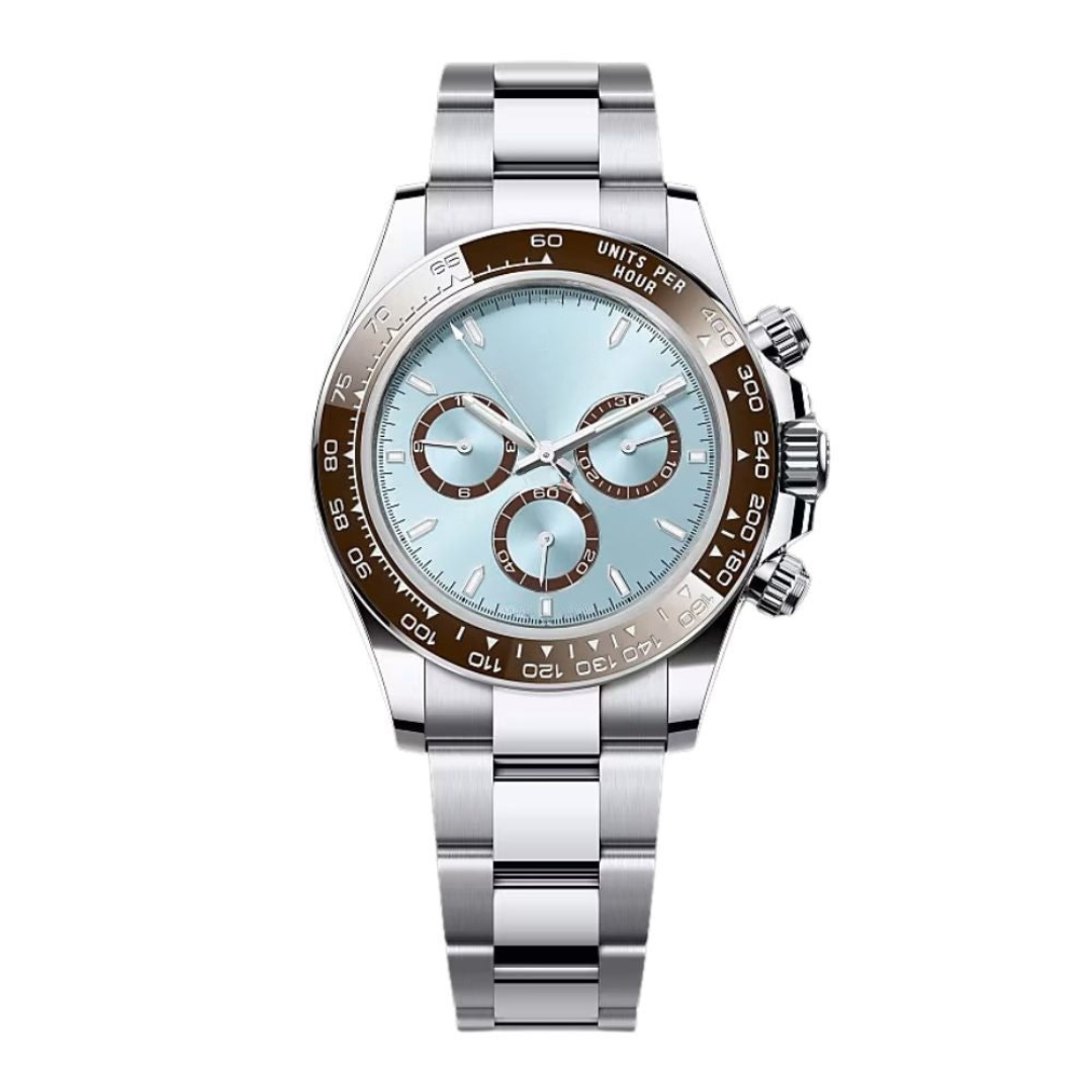 Racing Chronograph 40 — Ice Blue Dial · Silver Tone Case & Brown Tachymeter Bezel
