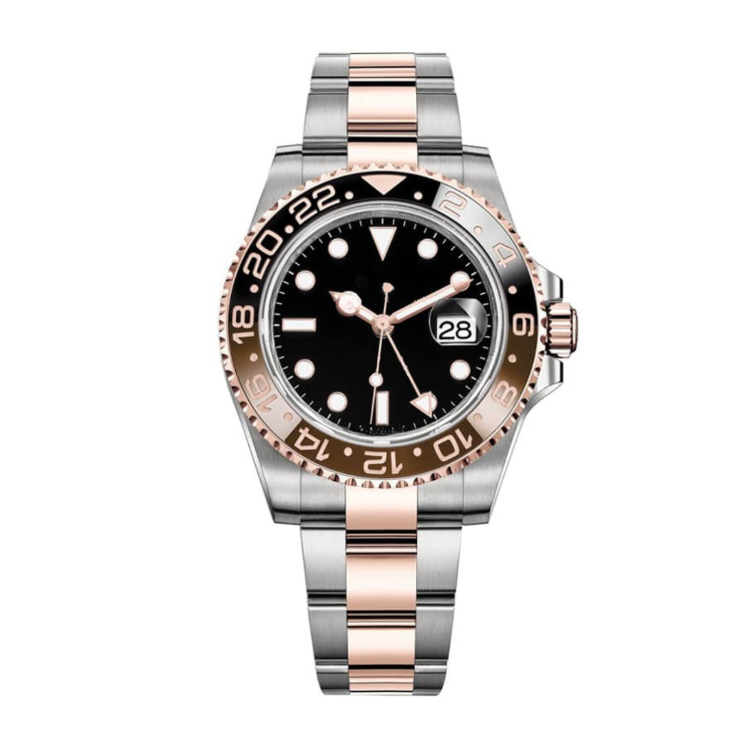 GMT Traveller 40 — Black Dial · Bicolor Stainless Steel & Rose Gold Tone Bracelet with Brown-Black Ceramic Bezel