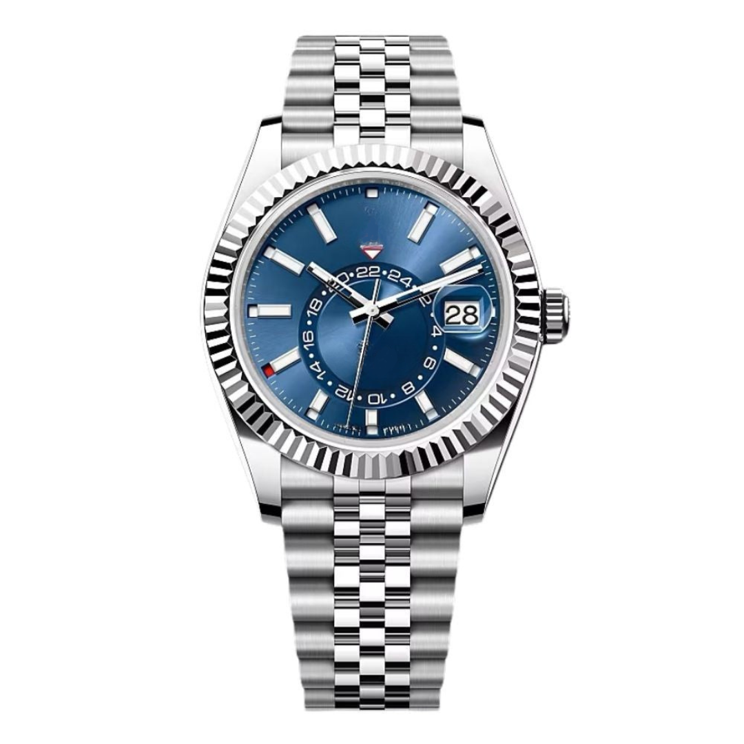 Global Traveller 42 — Blue Sunburst Dial · Stainless Steel Jubilee Bracelet & Fluted Bezel