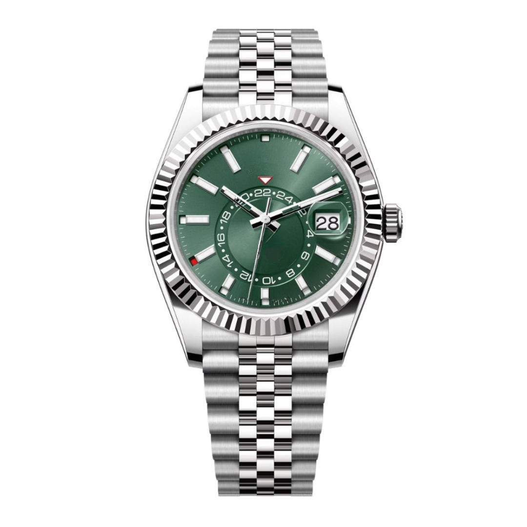 Global Traveller 42 — Green Sunburst Dial · Stainless Steel Jubilee Bracelet & Fluted Bezel