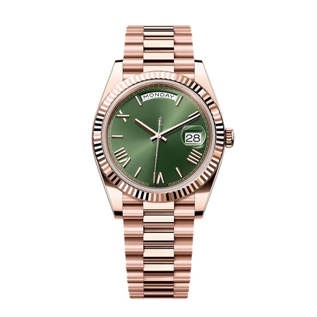Executive Day-Date 40 — Green Sunburst Dial · Rose Gold Tone President Bracelet & Fluted Bezel
