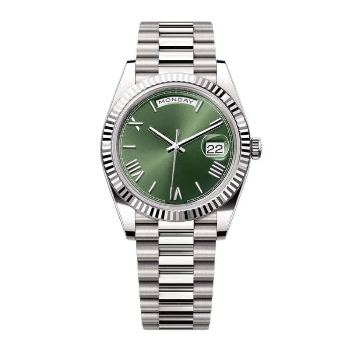 President 40 — Green Dial · Silver Tone Bracelet & Fluted Bezel
