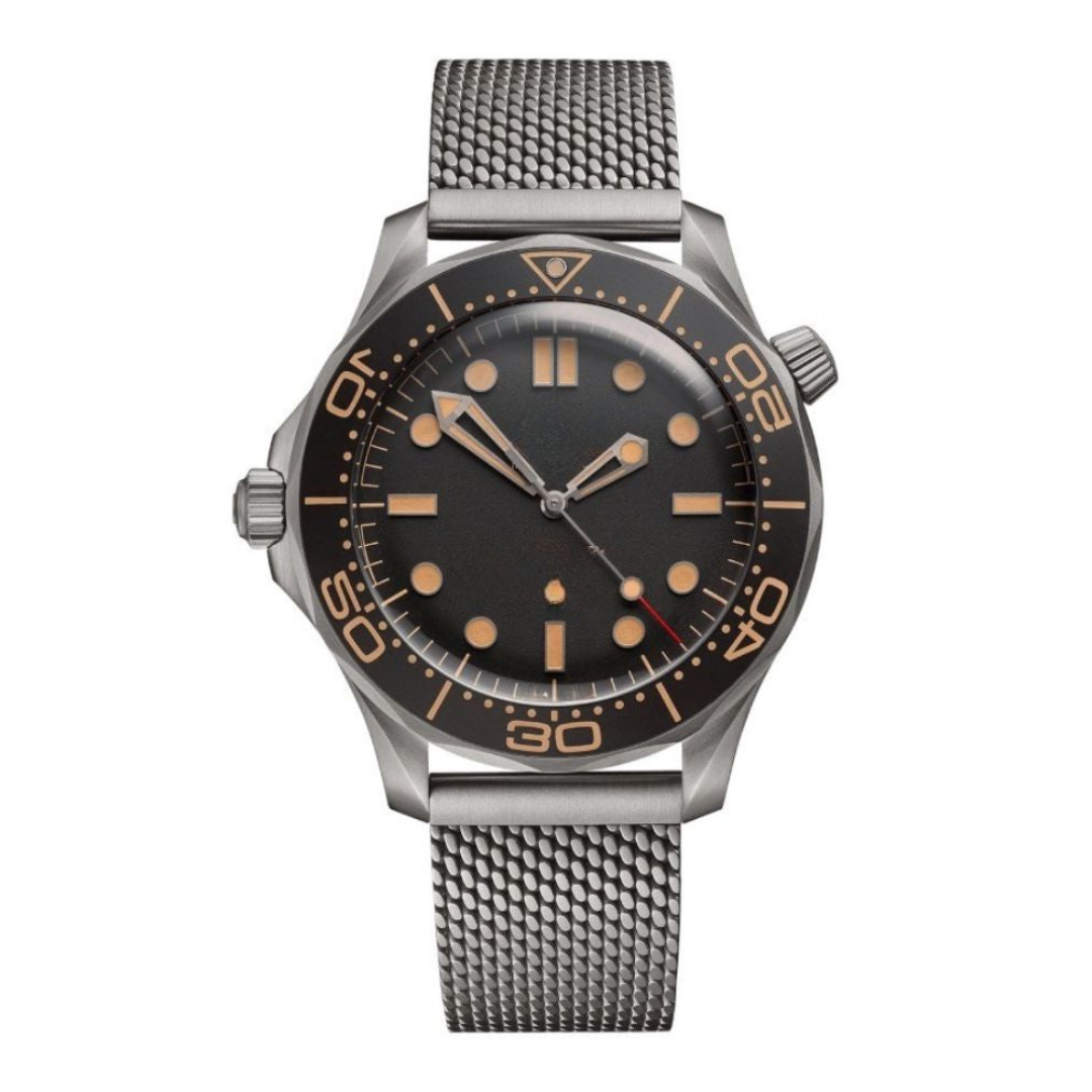 Tactical Diver 42 — Black Vintage Dial · Titanium Mesh Bracelet & Brown Aluminum Dive Bezel