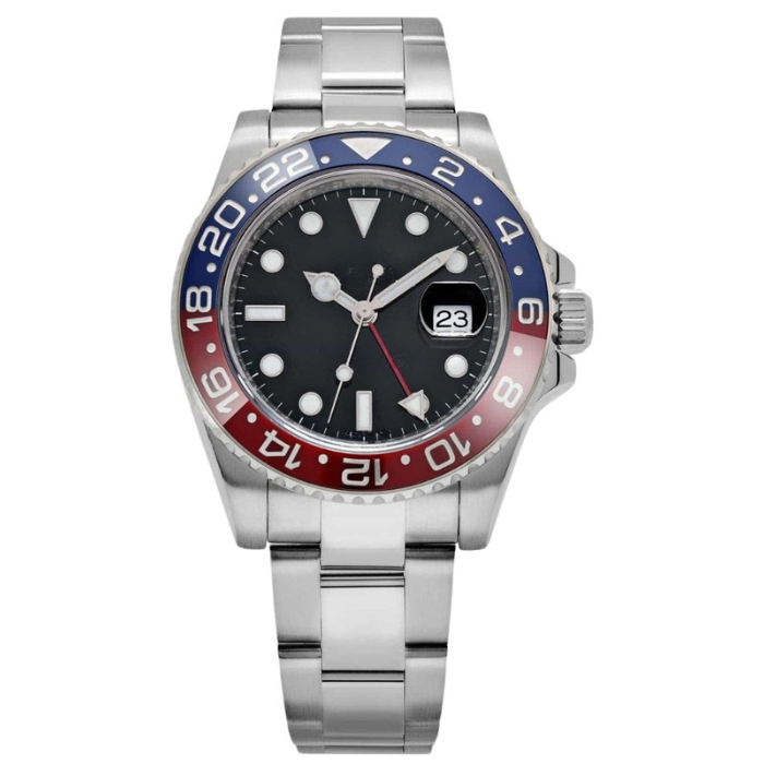 Dual Time 40 — Blue Dial · Silver Tone Bracelet & Red-Blue Ceramic Bezel