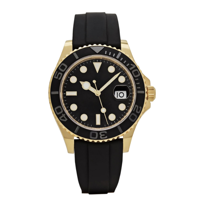 Sport 42 — Black Dial · Gold Tone Case & Rubber Strap