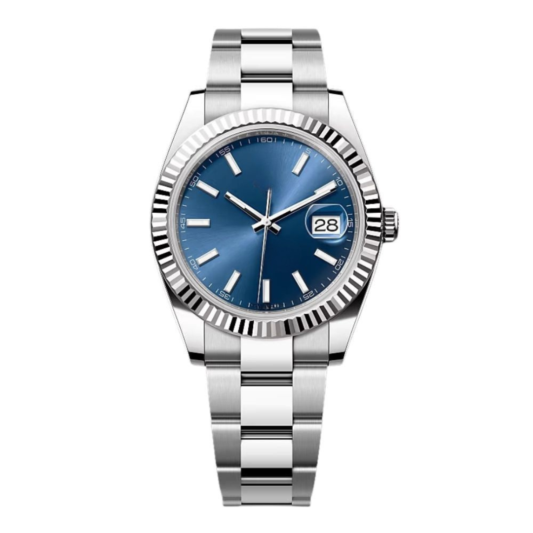 Classic 41 — Blue Sunburst Dial · Steel Bracelet & Fluted Bezel