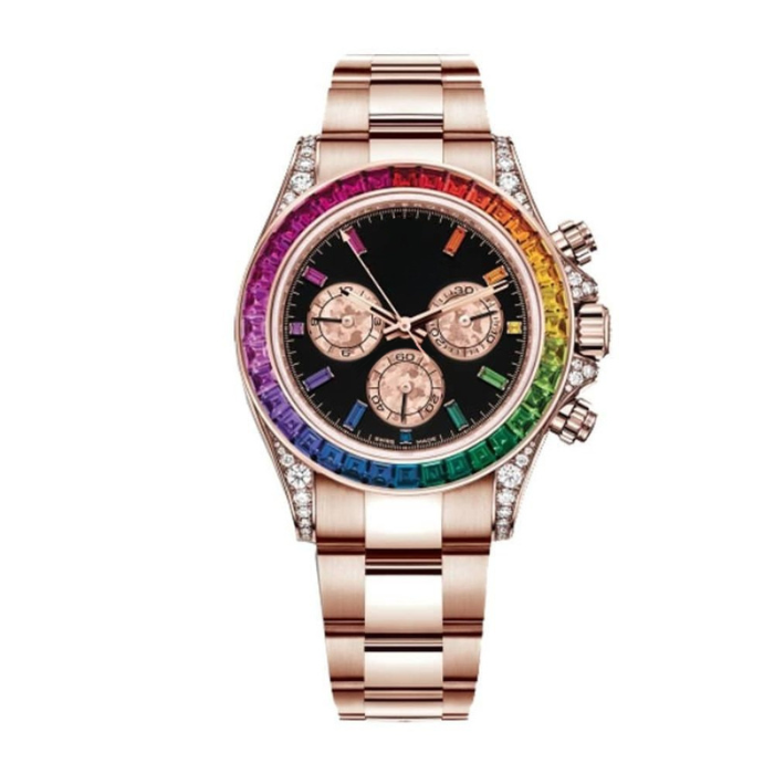 Chronograph 40 — Black Dial · Rose Gold Tone Bracelet & Multicolor Gem Bezel