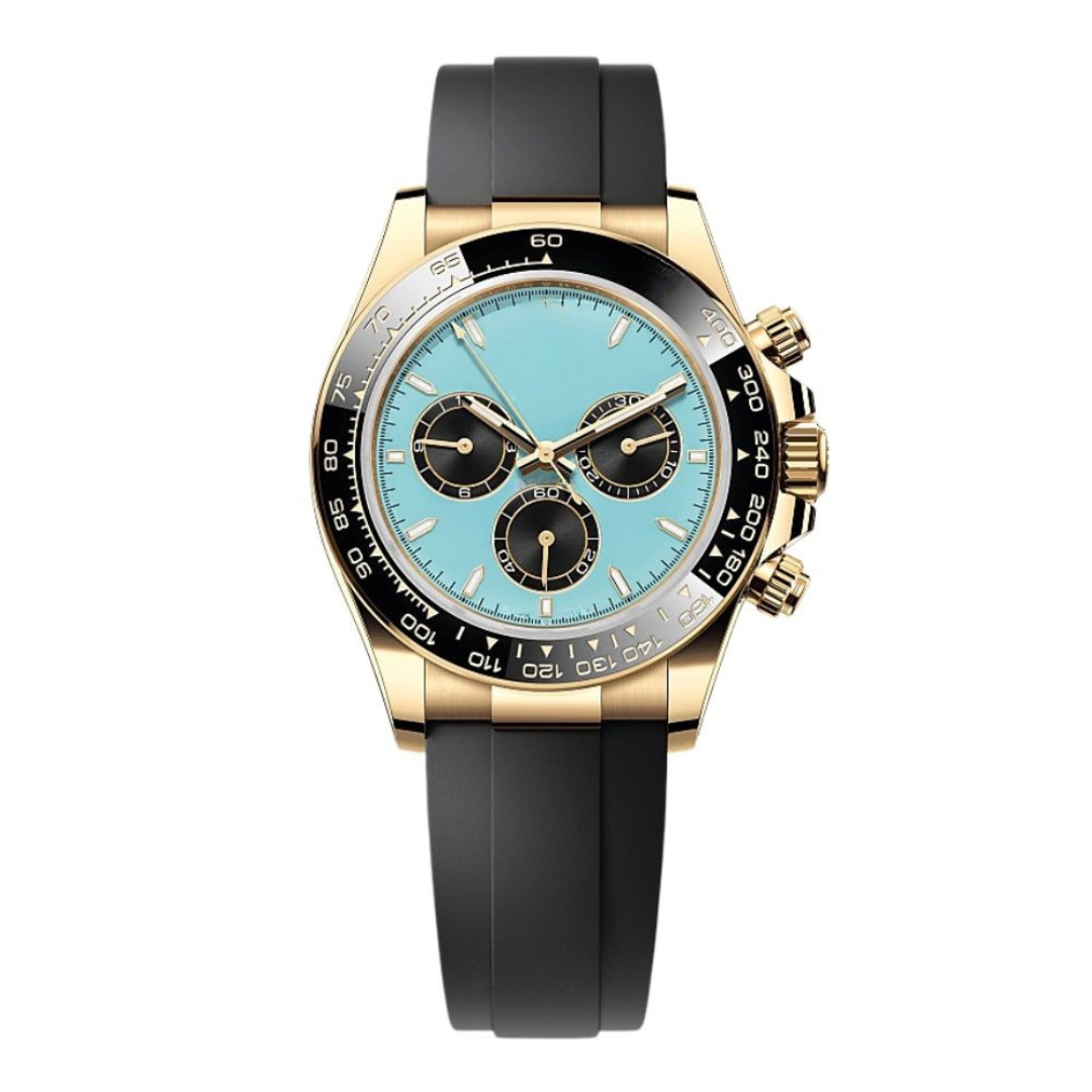 Ocean Chronograph 40 — Turquoise Blue Dial · Gold Tone Case & Black Rubber Strap