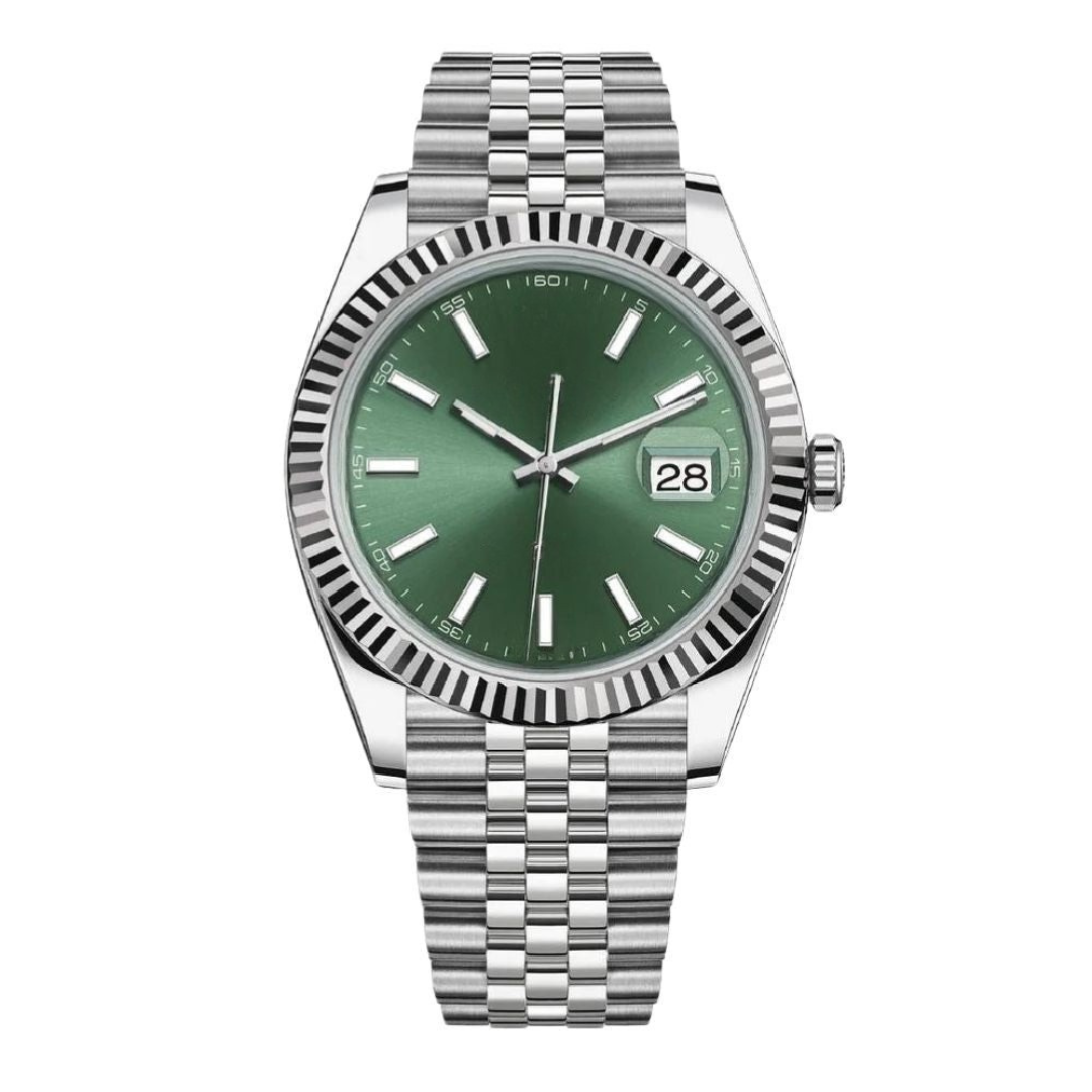 Classic Date 41 — Green Sunburst Dial · Stainless Steel Jubilee Bracelet & Fluted Bezel