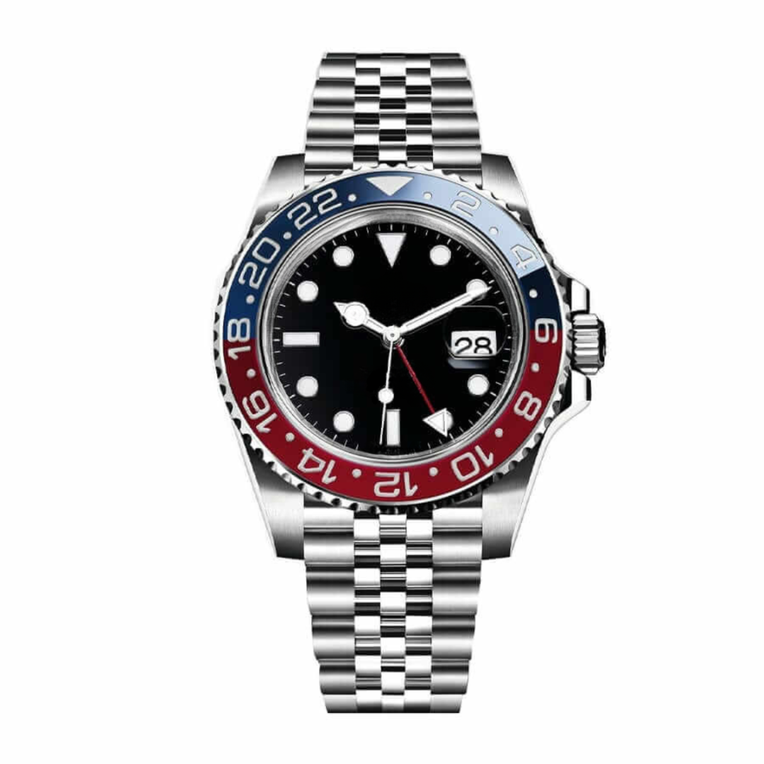 GMT Traveller 40 — Black Dial · Stainless Steel Jubilee Bracelet & Red-Blue Ceramic Bezel